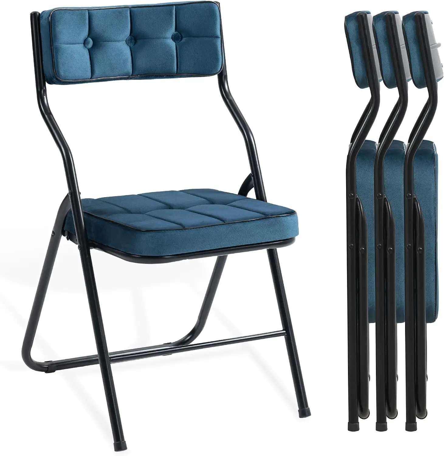 Padded Folding Chairs 4 Pack With Cushioned Velvet Seat Curved Backrest Metal Frame Portable Dining Chair Extra Seating Set For Kitchen Office Wedding Blue