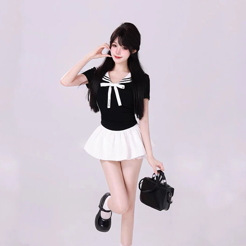 Summer New 2 Piece Set Women Outfit 2024 Sweet Bow Top + Elegant Sexy Short Dresses Y2K Mini Skirt Set Beach Style Korean Suit