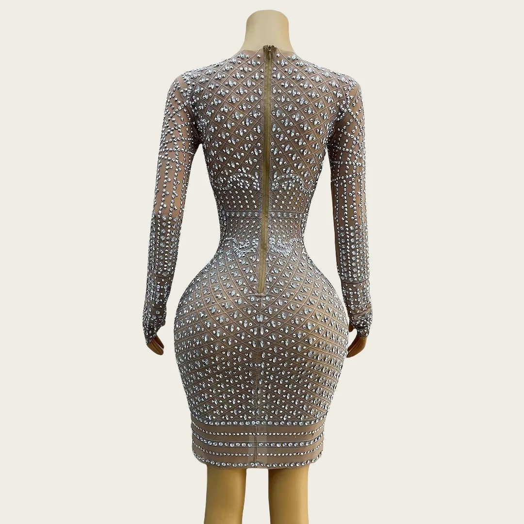 Magua Luxury Sparkly Rhinestone Tight Fitting Dress Long Sleeved Sexy Mesh Short Dress Event Prom Party High-end Women Couture