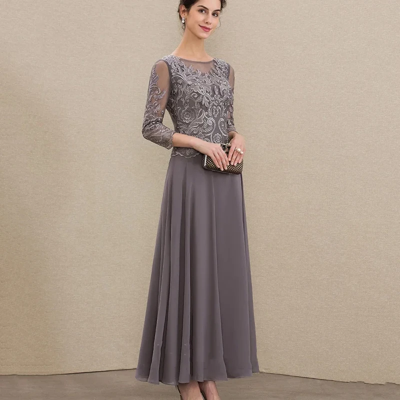 Robe de soirée grise pour femmes, avec décolleté bateau transparent, dentelle complexe brodée sur corsage, robe de bal, manches trois-quarts en dentelle