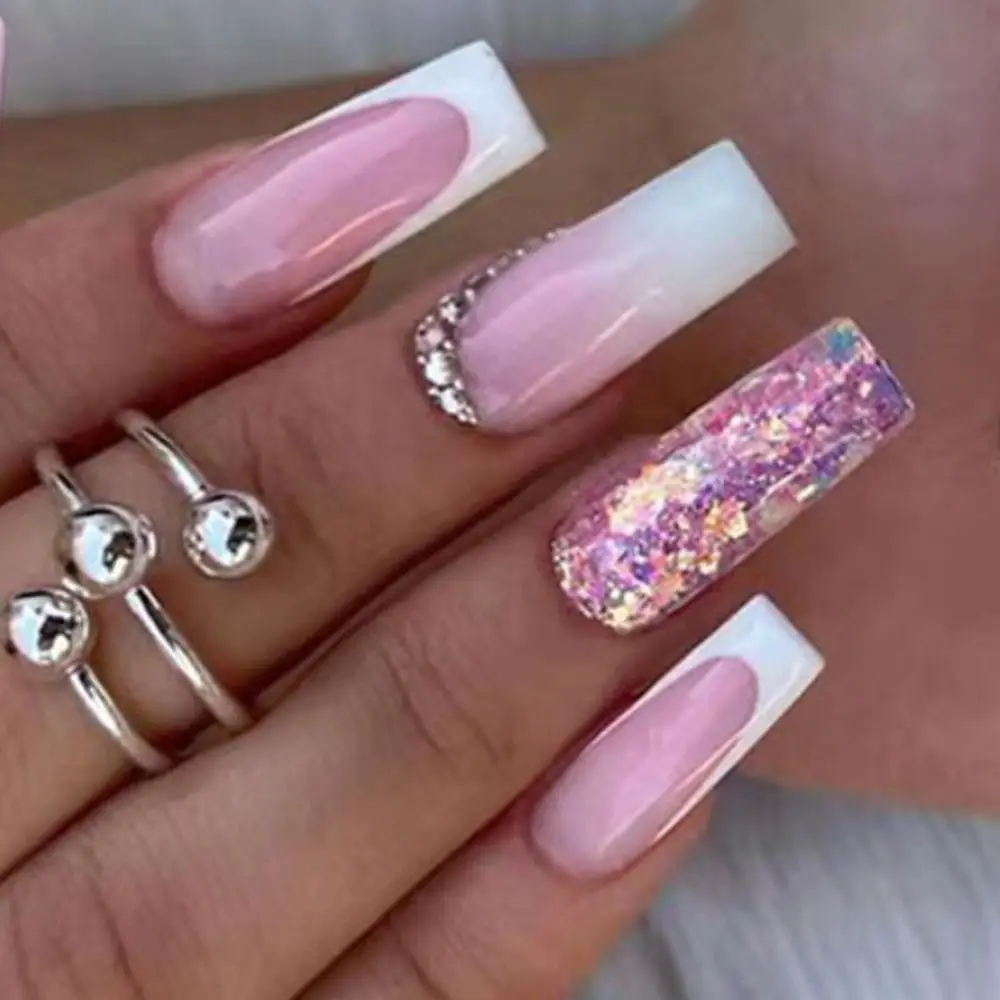 24 Stuks Manicure Nagel Tips Roze Pailletten Glitter Volledige Cover Lange Franse Nep Nagels Ballerina