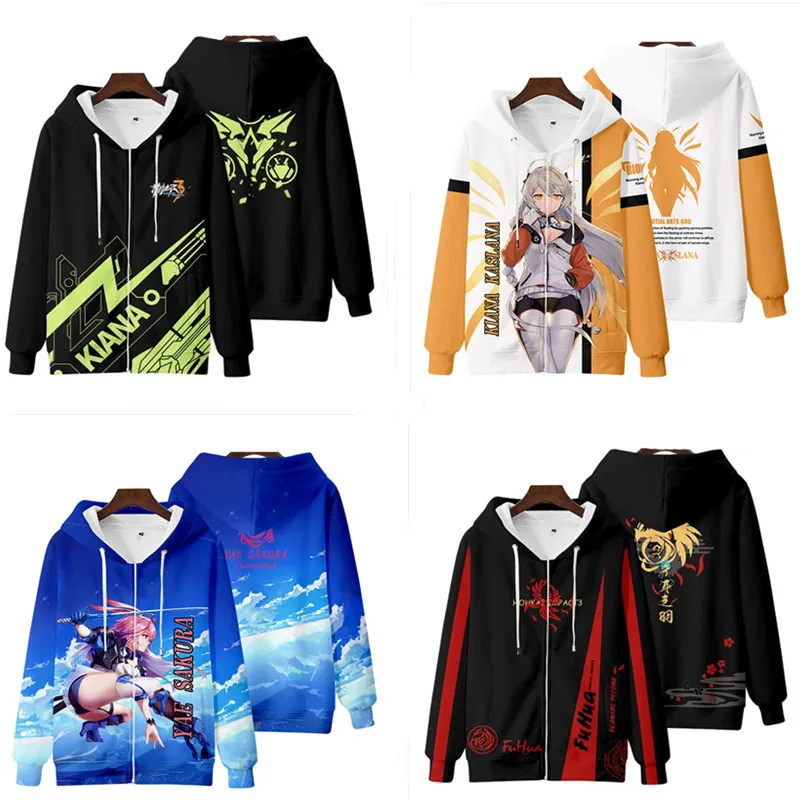 Anime Honkai Impact 3 Cosplay Costume Kiana Kaslana Raiden Mei Yae Sakura Fu Hua Unisex 3D Hoodies Zipper Hooded Sweatshirts TOP