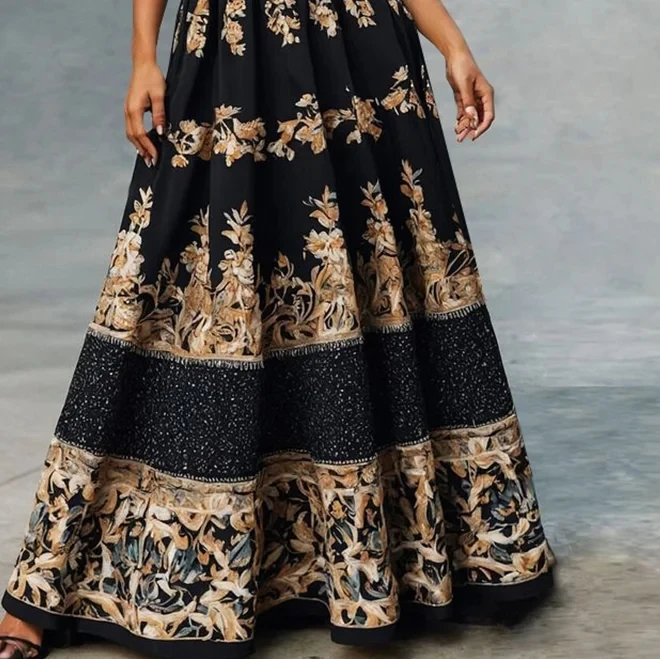 Retro High Waist Floral Pattern A-Line Pleated Long Skirt 2025 Summer Women's Casual Skirt Elegant Street Ladies Maxi Skirt