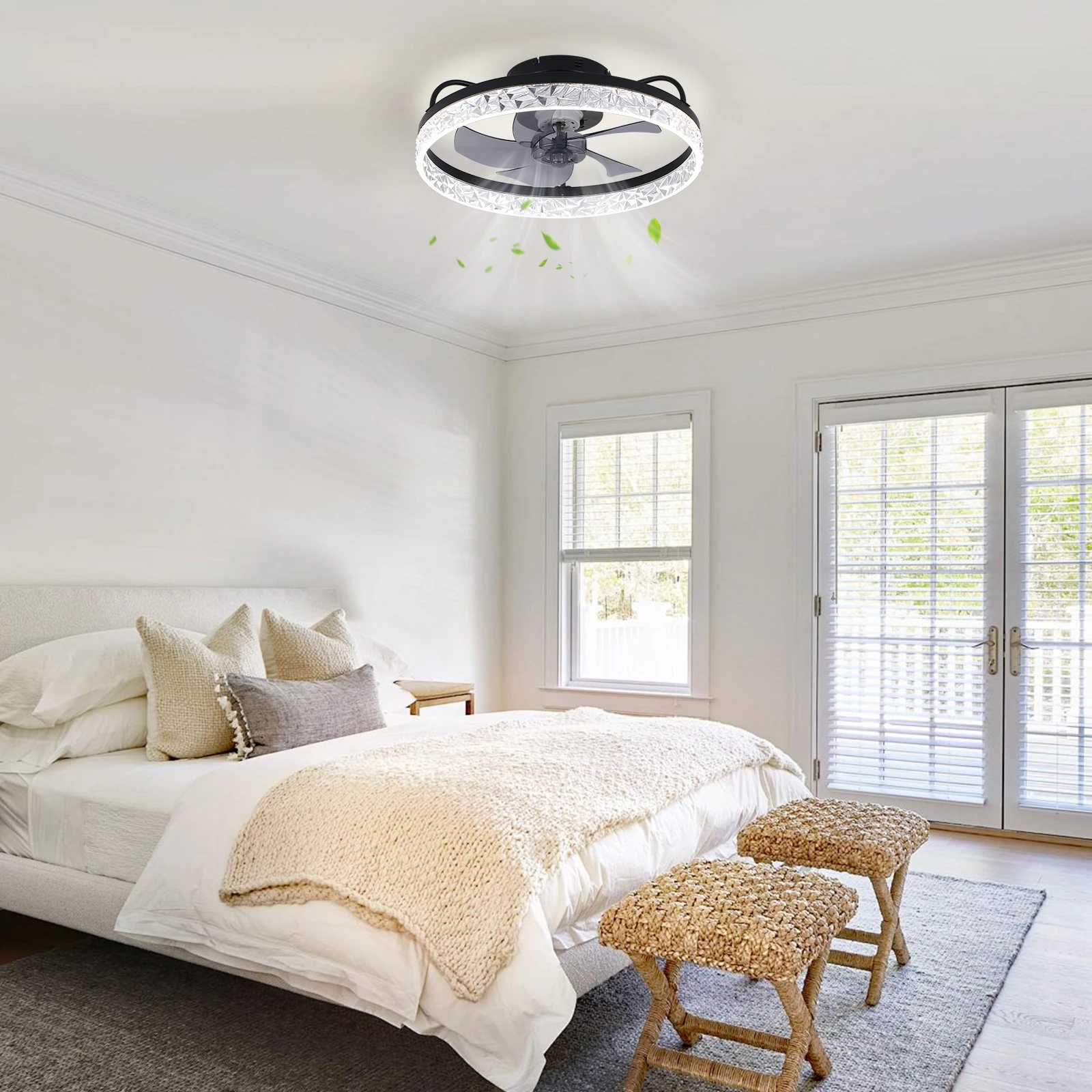 Diamond Cut Acrylic Fan Lamp Dual Color Infinite Dimming Remote Control with Memory Function Black Transparent ABS Fan Light