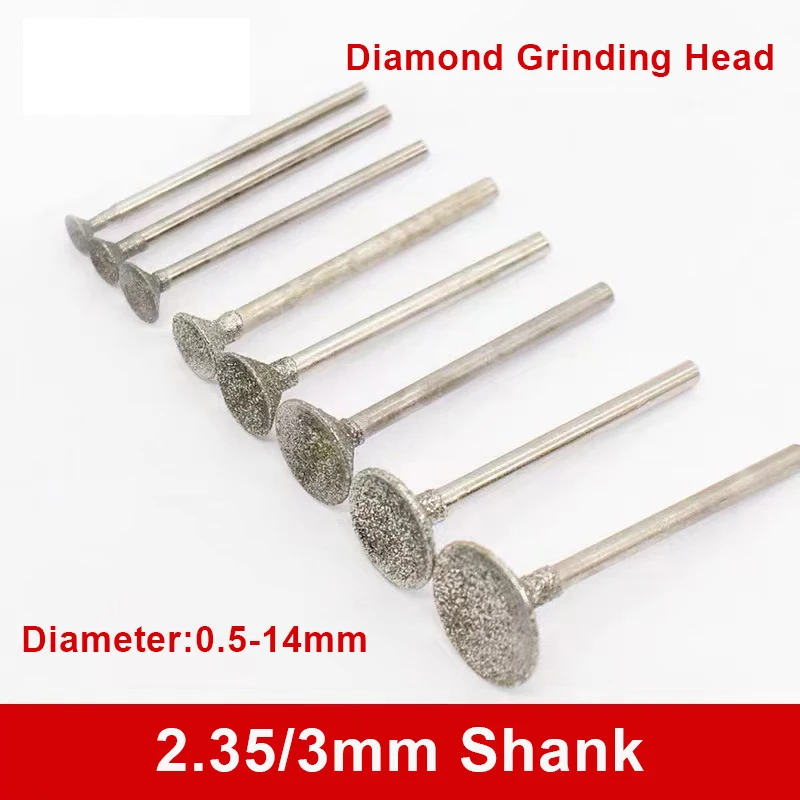 

5Pcs 2.35/3mm Shank Diamond Grinding Head 0.5-14mm Bowl Shape Electroplated Q Needle For Carving Deburring Jade Abrasive Tool
