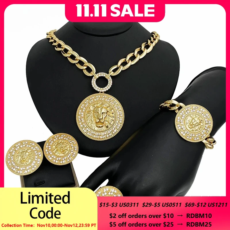 

Hight Quality Big Jewelry Set 18K Gold Plated Round Large Pendant Necklace Cuban Chain Bracelet Leopard Earring Ring For Women