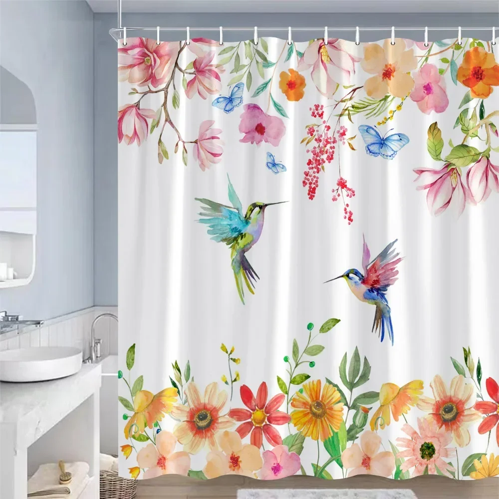 Spring Floral Hummingbird Shower Curtain for Bathroom Watercolor Flowers Birds Fabric Bath Curtains Modern Art Decor with Hooks