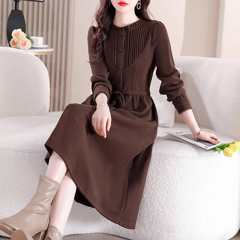 Coffee Cotton Fleece Dress Elegant and Stylish Look Thin Autumn Winter Mid length Bottom Skirt