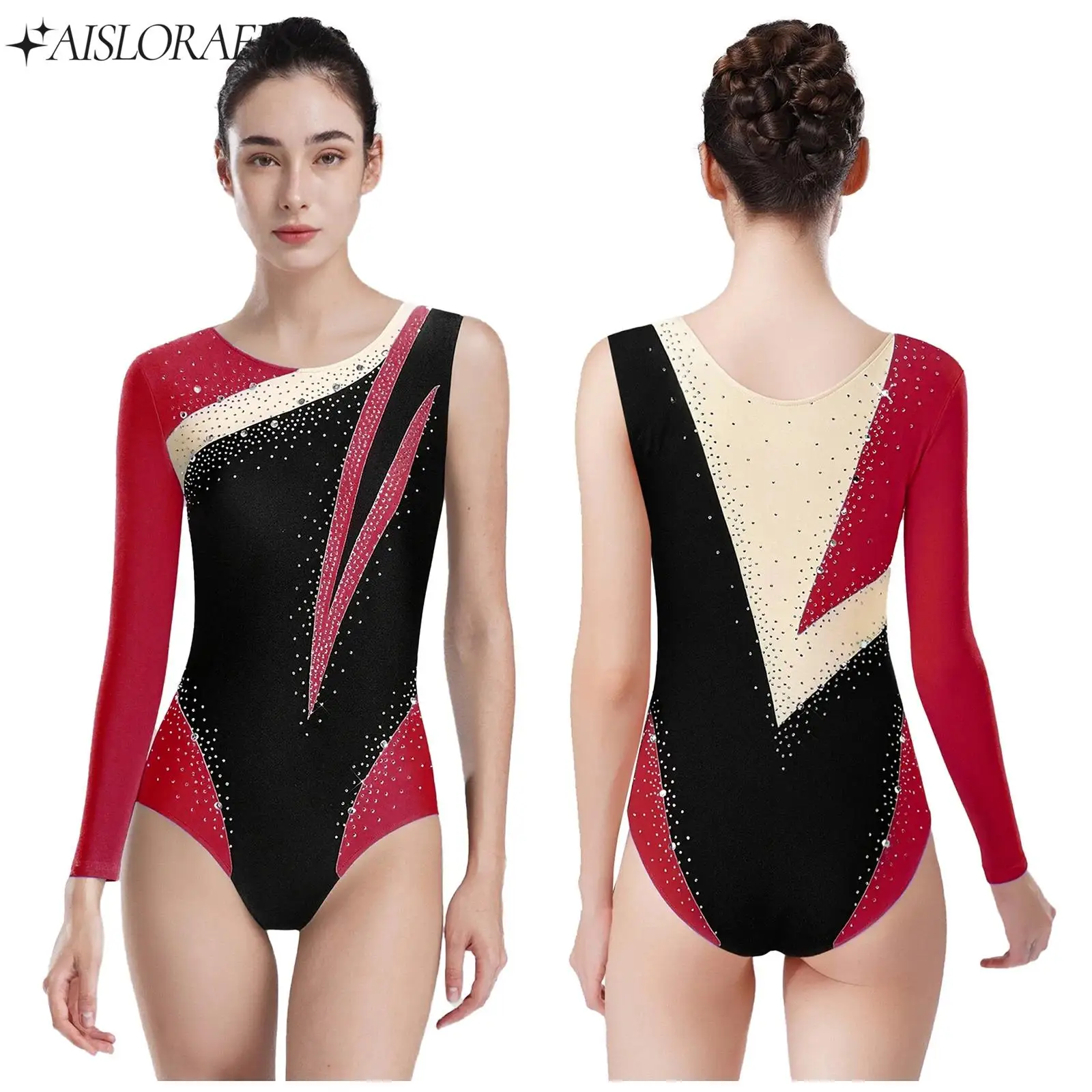 

Rhythmic Gymnastics Leotard for Womens Ballet Dance Unitard Color Block Workout Bodysuit Figure Skating Performance Dancewear