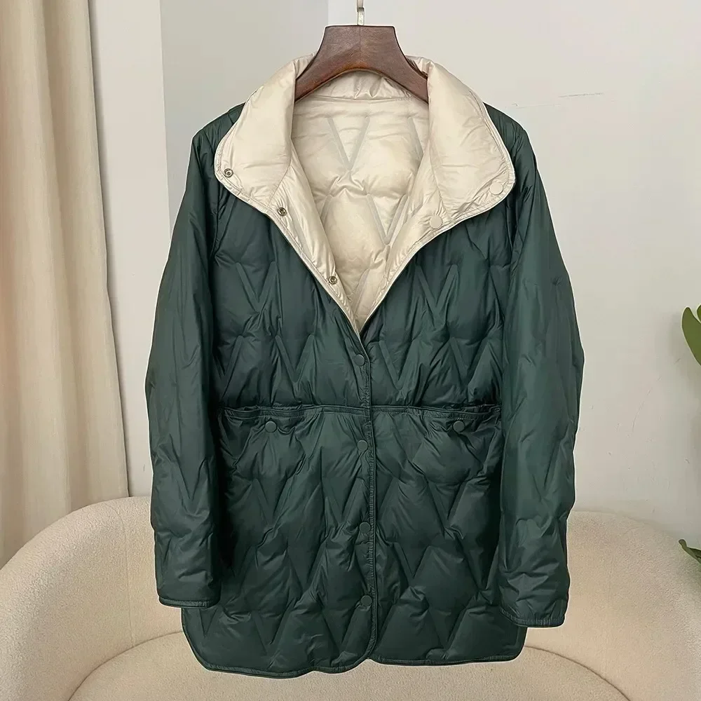 Veste réversible à col montant pour femme, manteaux légers mi-longs, en duvet de canard blanc 90%, ample et décontracté, automne-hiver 2025
