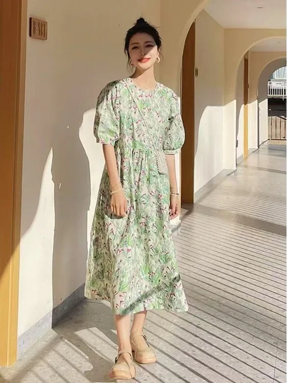 Retro Floral Print Women's Dr Ele Summer 2025 Loose Fitting Slimming Long Gown Bubble Sve A-Line Midi Dr