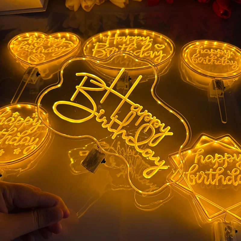 Multi Shape LED Happy Birthday Cake Topper Acrylic Light Up Neon Sign Cake Glowing Topper for Birthday Party Cake Decor Supplies