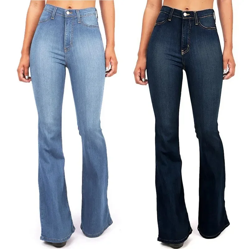 

Pop 2025 Flare Women High Waist Jeans Zipper Fly Denim Blue Black Jeans Wide Leg Pants Bandage Skinny Push Up Jeans Trousers