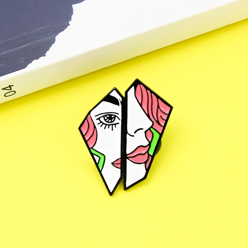 

Woman Face Split Face Enamel Pin Big eye Girl Painter Art Oil Painting Brooches Badge Shirt Lapel Jewelry for Friend Wholesale