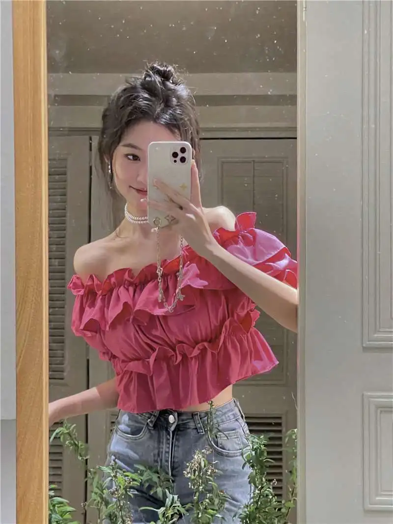 

Women's Off-oulder Ruffled ort SVE irt Sweet Sle Bell Sve Ultra-ort Length Pure Color Spring Faion Polyester