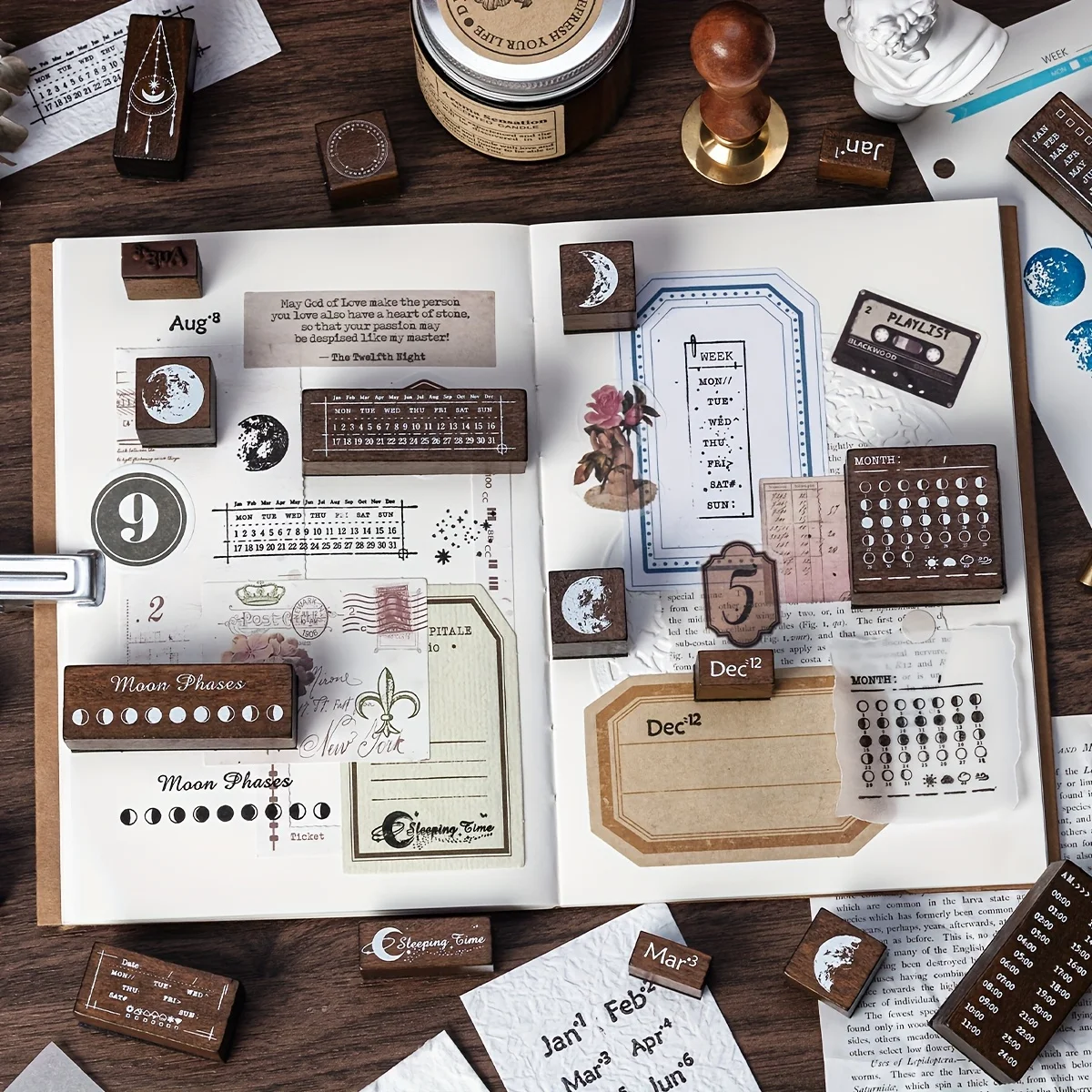 Vintage DIY Wooden Moon Date Month Time Line Stamp Set for Scrapbooking Diary Planner Sketch Decor Junk Journal Craft