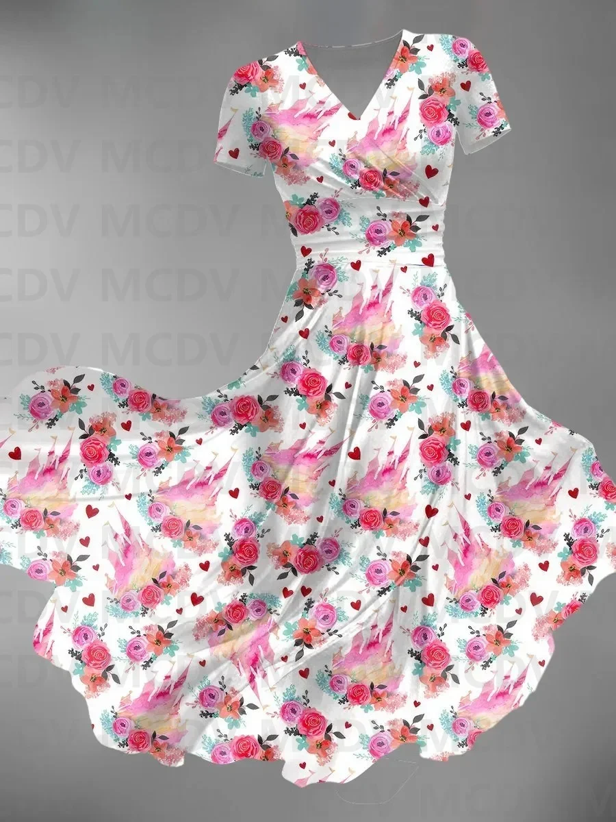 Women's Retro Cute Cartoon Print Maxi Dress 3D Printed Sexy V-neck Dress Female Dresses