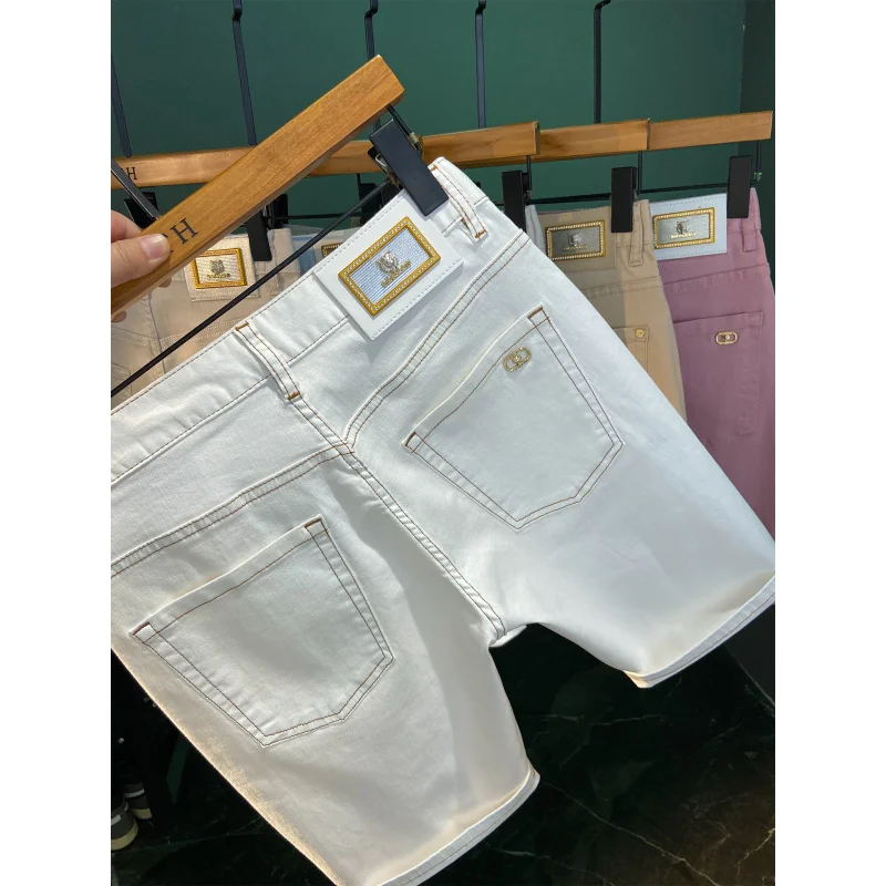 

White casual shorts men's summer thin style 2025 new youth mid length pants trend slim fit denim five quarter pants
