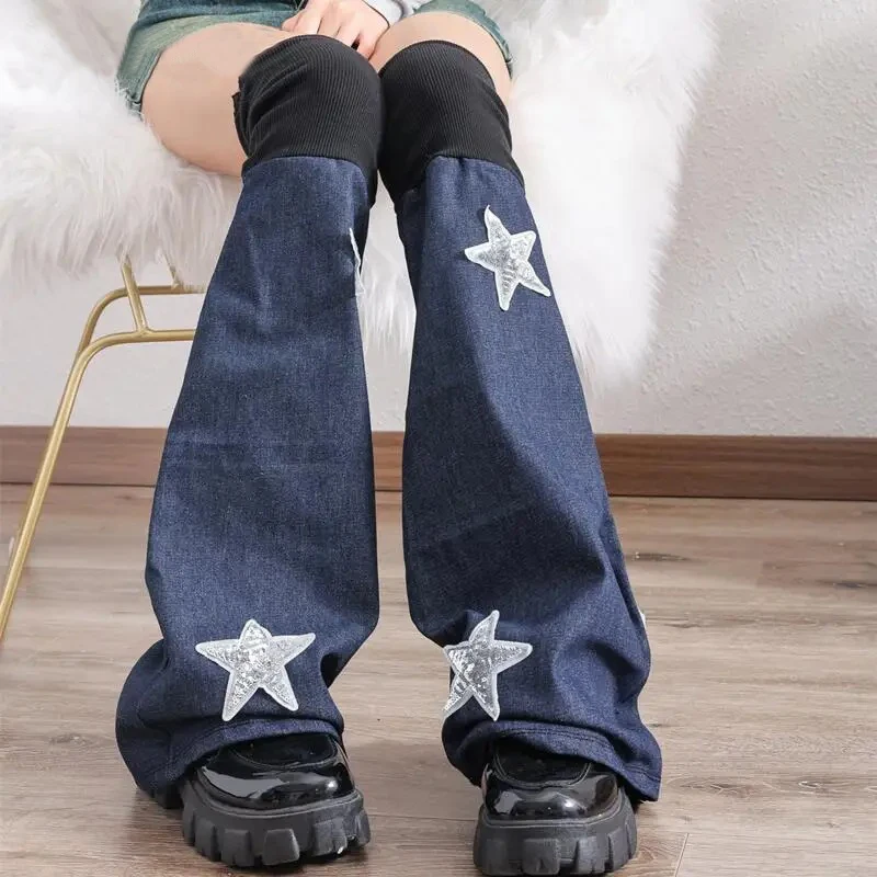 Harajuku Kpop Blue Y2k JK Girl Punk Socks Preppy Style Women Hip-hop Rock Socks 2024 Harajuku Star Denim Long Wide Leg Earmers