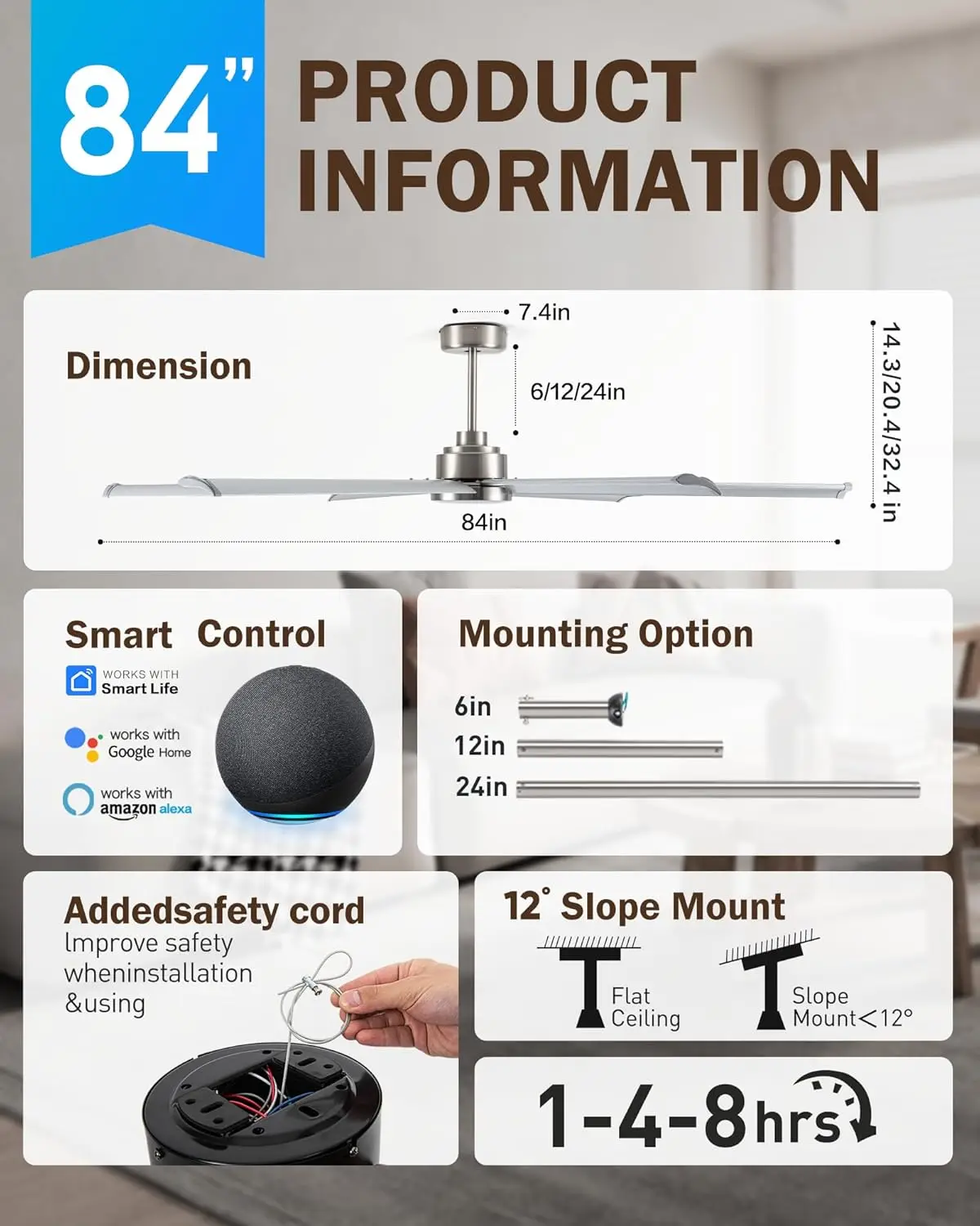مراوح سقف صناعية ذكية مقاس 84 بوصة مزودة بإضاءة وجهاز تحكم عن بعد، و6 شفرات ألومنيوم مزدوجة الطبقات، ومروحة سقف كبيرة من النيكل المصقول مع 6 سرعات #6