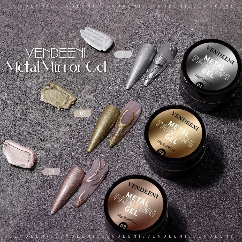 Vendeeni TPO HEMA FREE Metal Painting Gel Nail Polish Rose Gold Silver UV Soak Off Gel Varnish Drawing Line Glitter Gel Lacquer