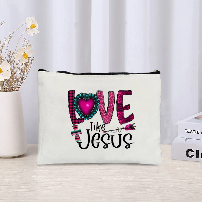 Love Jesus Pray Faith Storage Zipper Pouch Sundries Office Supplies Pencil Case White Perfume Lipstick Cosmetic Bag Organizer