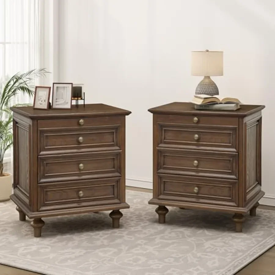 Farmhouse Nightstands Set of 2 with 4 Drawer, Wood Storage End Table with Hidden Pull-Out Shelf, Large Side Table with 4 Solid
