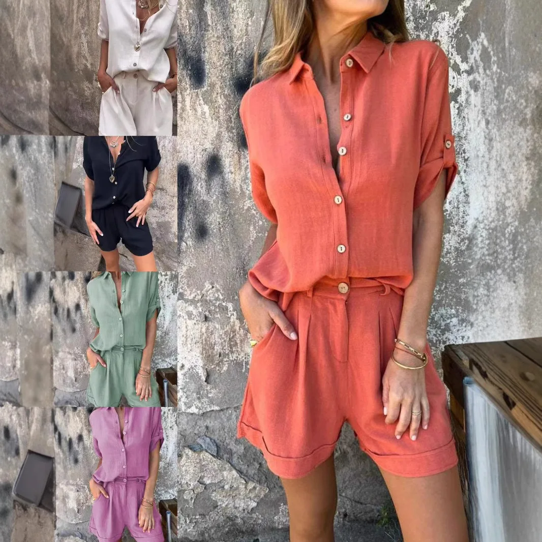 

Women's Casual Lapel Two Piece Outfits Short Sleeve Button Down Shirts and Drawstring Shorts Sets