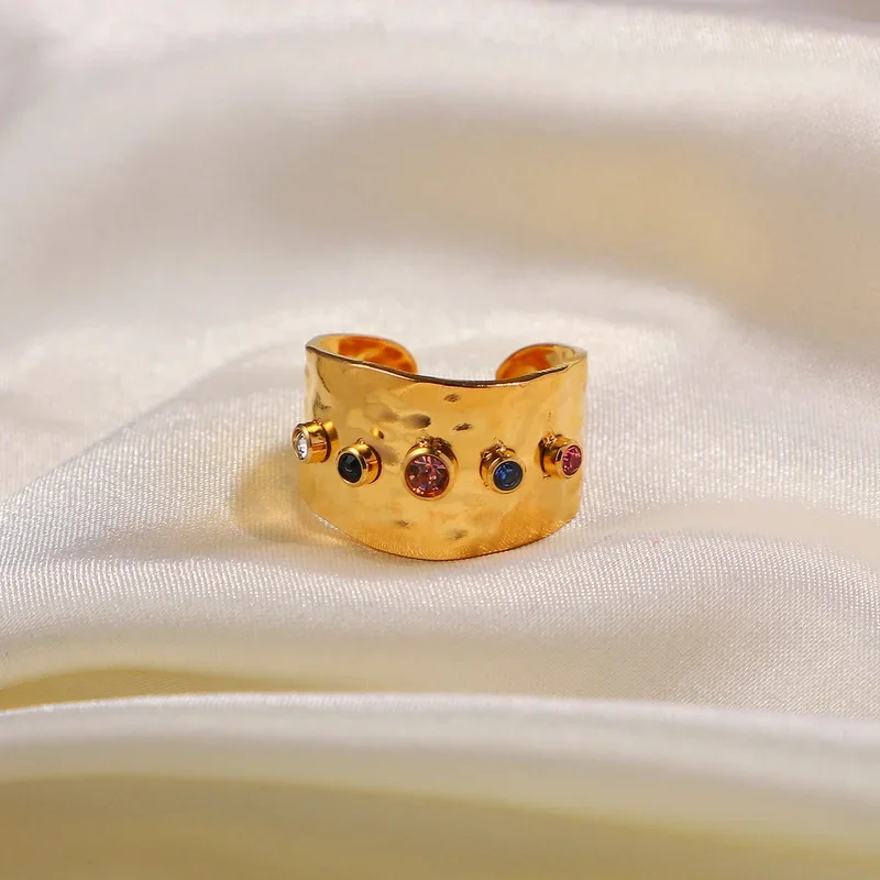 Minar INS Fashion Shiny Rainbow CZ Stone Crystal Chunky Rings for Women Gold Stainless Steel Adjusting Open Ring Party Jewelry