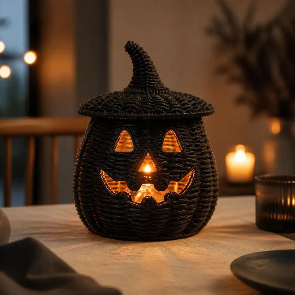 Vintage Halloween Pumpkin Statue Woven Texture Removable Lid Pumpkin Candle Holder with Witch Hat Rustic Resin Pumpkin Lantern