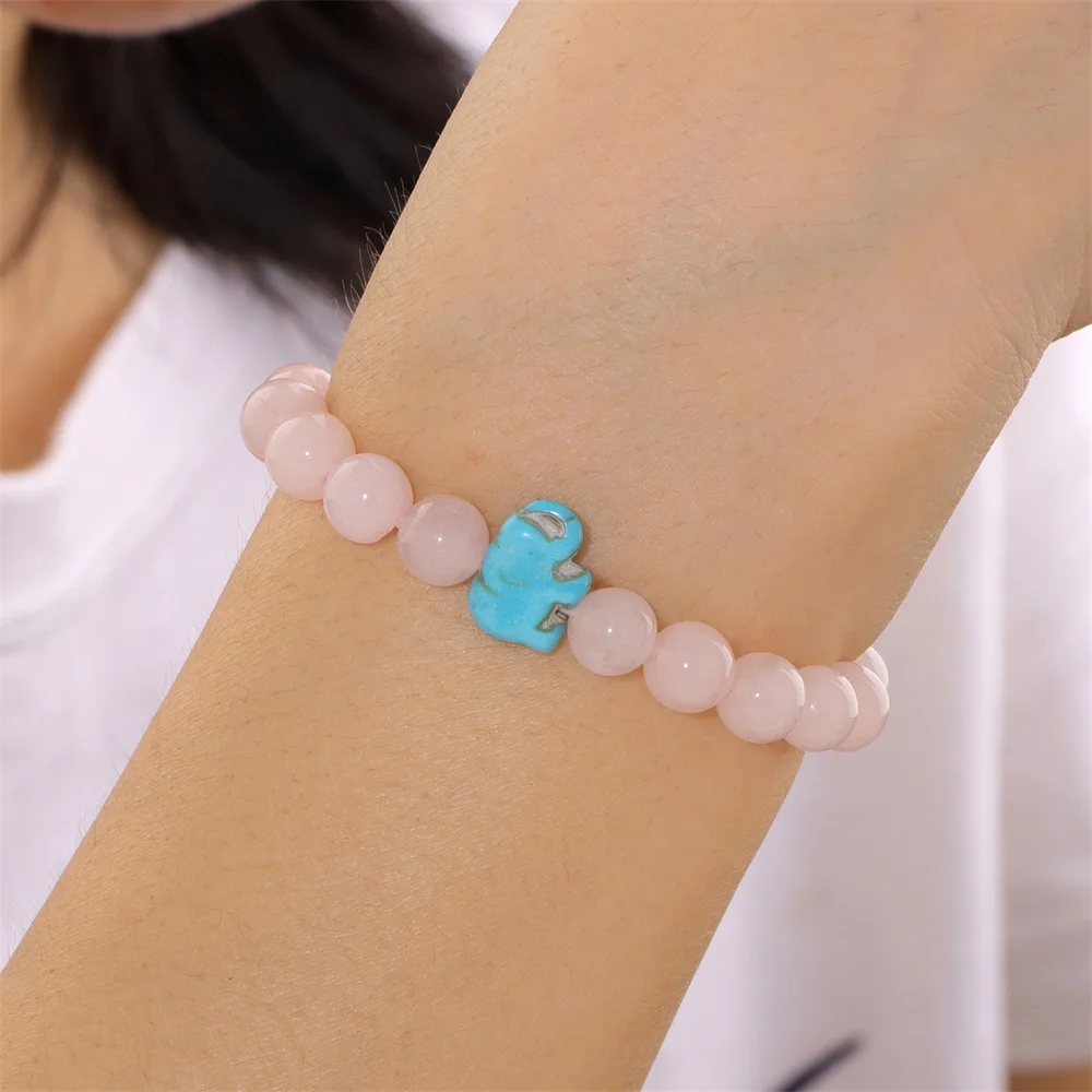 Blue Turquois Elephant Charm Bracelet Natural Pink Quartzs Amazonite Stone Bead Bracelet Cute Animal Elephant Charm Bangle Gift view 6