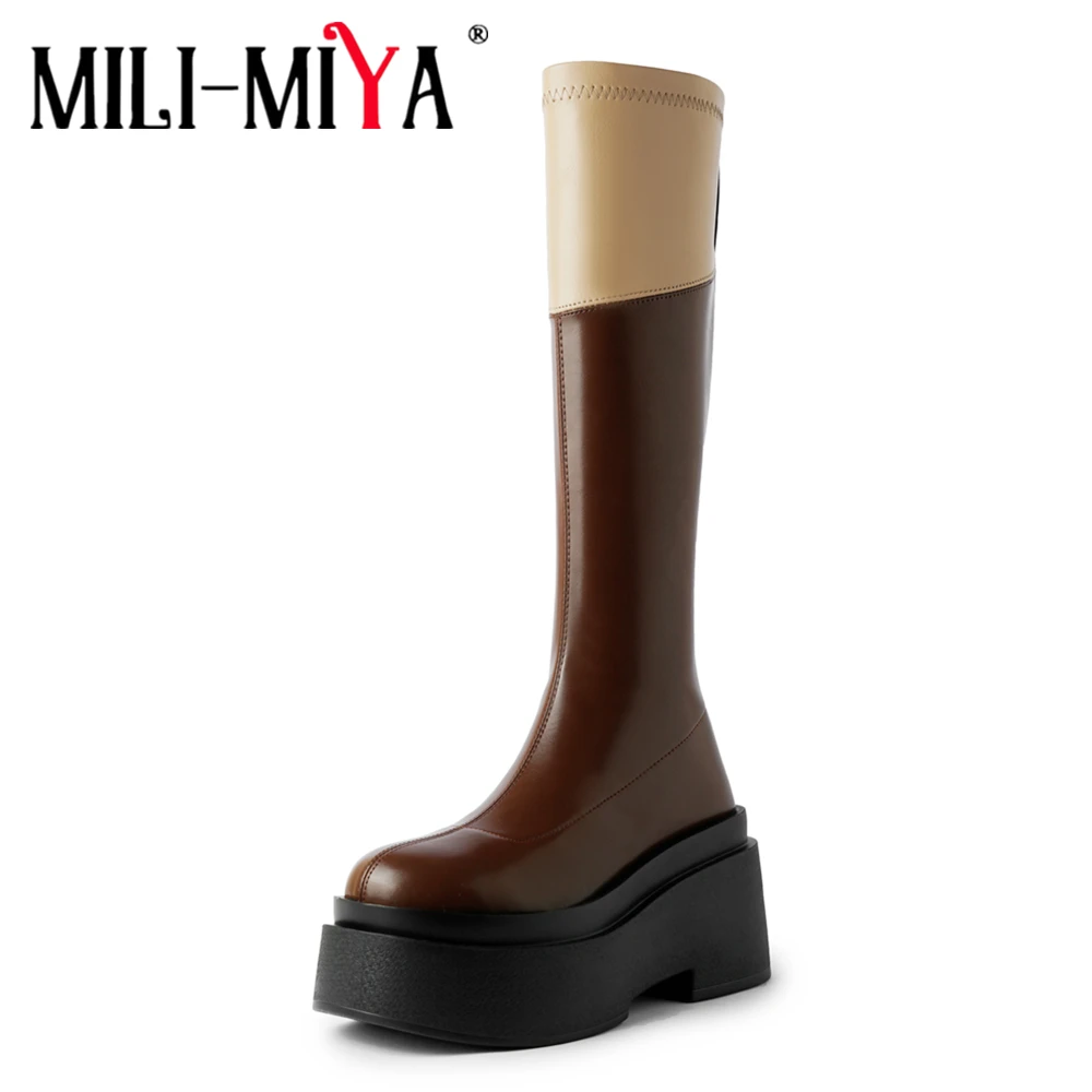 

MILI-MIYA Fashion Mixed Color Platform Women Microfiber Knee High Boots Thick Heels Plus Size 34-40 Casual Street Shoes Handmade