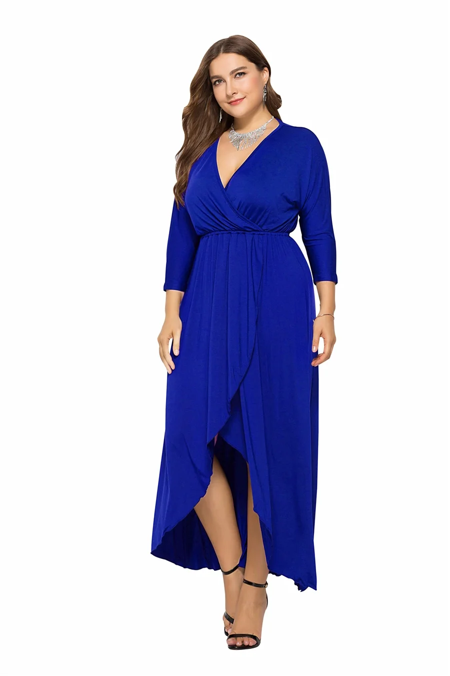 

Elegant Long Dress Sexy Irregular hem V-neck Batwing Sleeve Solid Color Ladies Loose Casual Women Dress