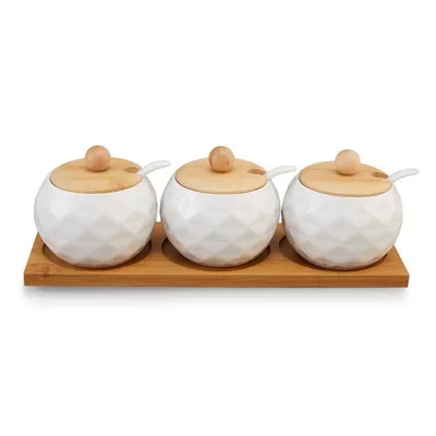 1/3pc Ceramic Spices Jars Kitchen Salt Pepper Sugar Organizer Container Box With Wood Lid Spoon Condiment Spices Rack Shelf Tray