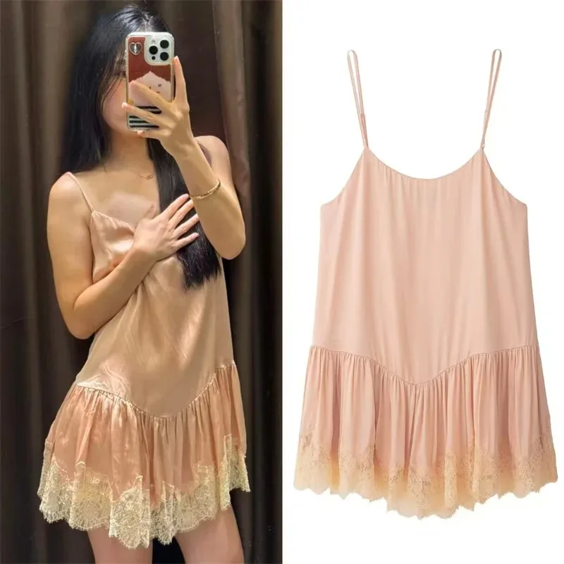 

ZHIO Women's Dress 2026 Summer New Style Pink Strap Loose Lace Decor Satin Texture Short Dress Sexy Fashion