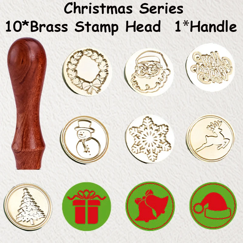 

10psc Brass Stamp Head with Rosewood Handle Christmas Series Handbook DIY Gift Decoration Invitation Holiday Stamping Accessory