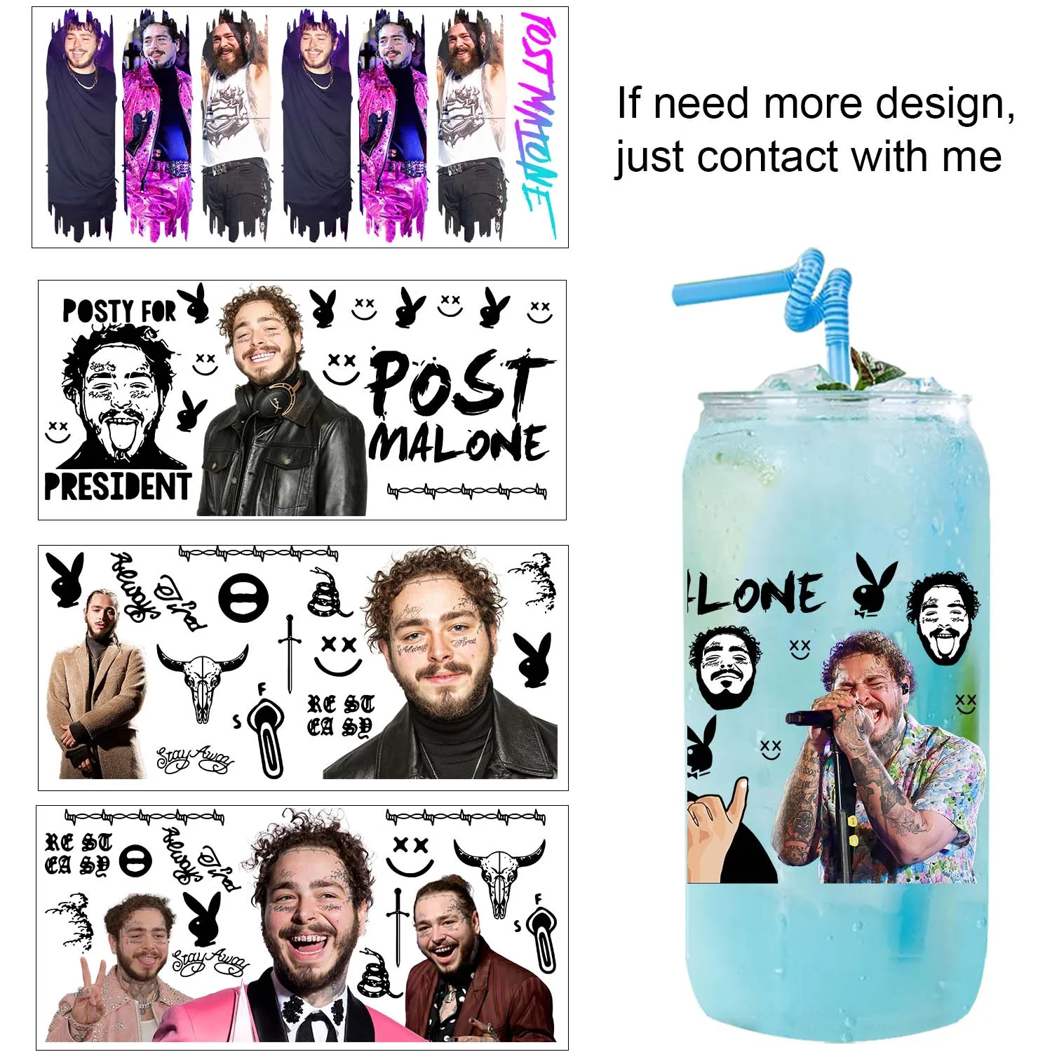 Superstar singer Malone Style UV Sticker Party DIY Decals 3D transfers uvdtf tumbler seal stickers 16oz uv dtf cup wraps