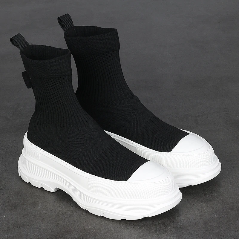 

New Fashion Mesh Cloth Shoes Thick Soles Increase Breathable Socks Shoes Black Casual Comfortable Trend Men High Top Board Shoes