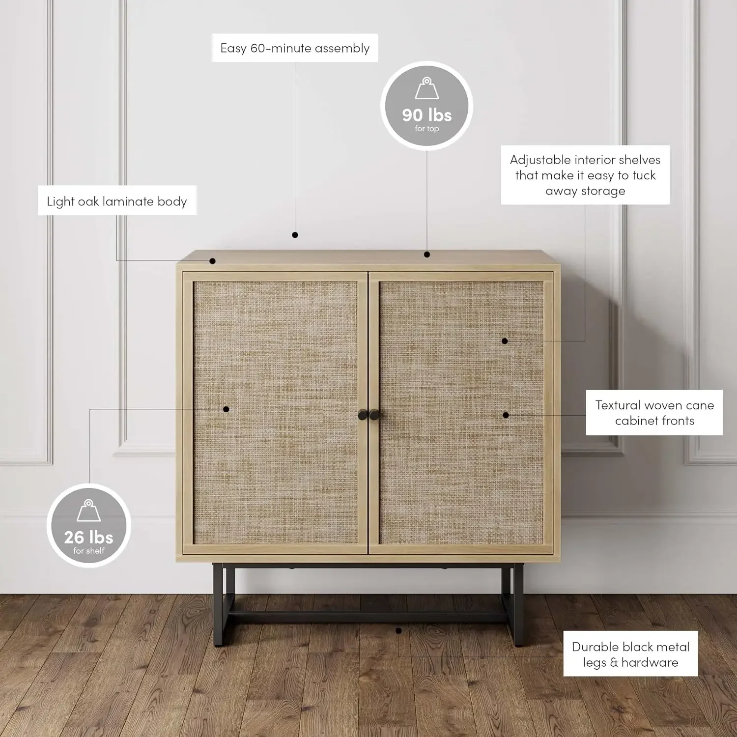 Nathan James Kova-Accent Natural Storage Cabinet, Sideboard Wood and Rattan, Matte Metal Frame, Adjustable Interior