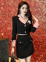 Fashion Sweet 2 Piece Outfits Women Pink Black Contrast Tassels Crop Tops Suit Coat Jacket Mini Shorts Skirt Work Business Sets