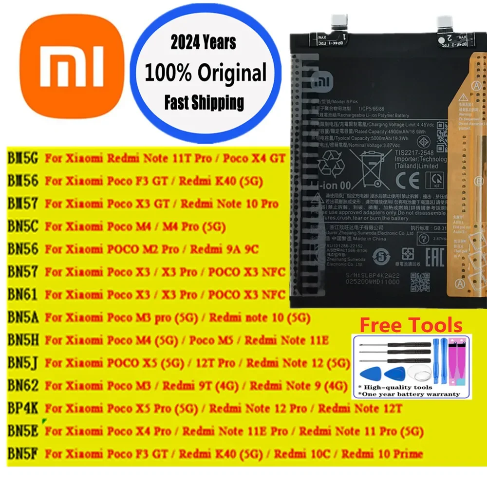 Original Battery For Xiaomi Mi Poco X3 X4 X5 M4 M5 M2 M3 F3 Pro GT NFC Redmi Note 12 11 11T 11E 9 10 Pro Redmi 9T 9A 9C 10C K40