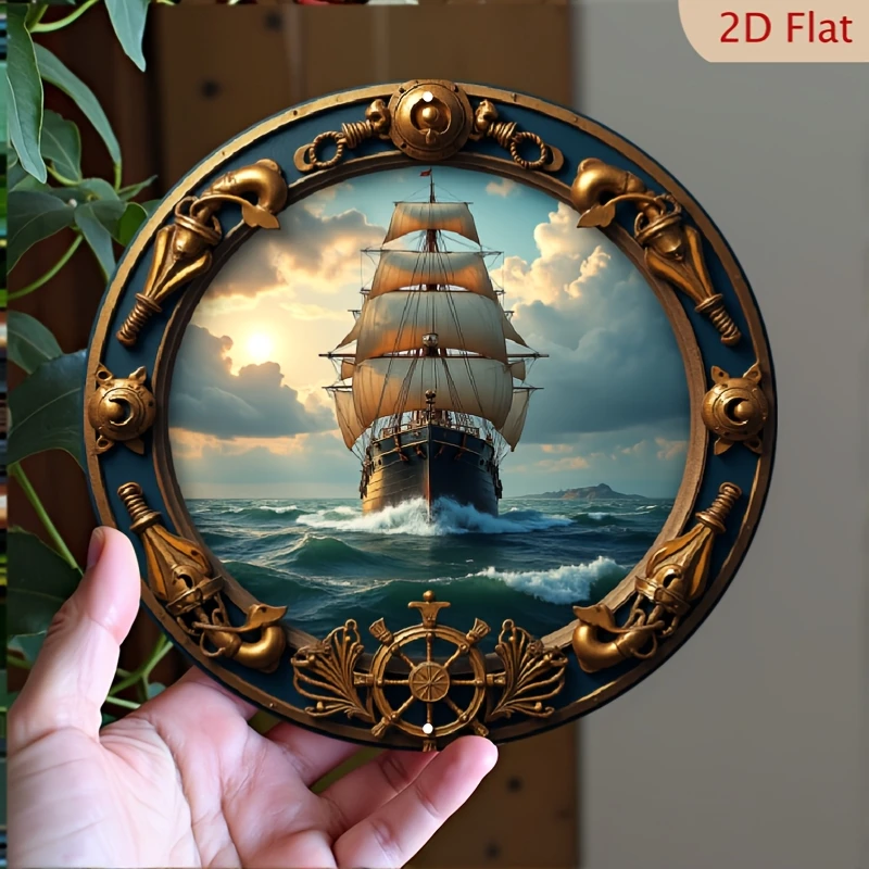 2D Flache, 8 Zoll Runde Nautische Metall-Wandkunst - Vintage Ozean-Themen Aluminium Seekarten-Schild mit Vorgebohrten Löchern, Rustikale Küsten-Optik