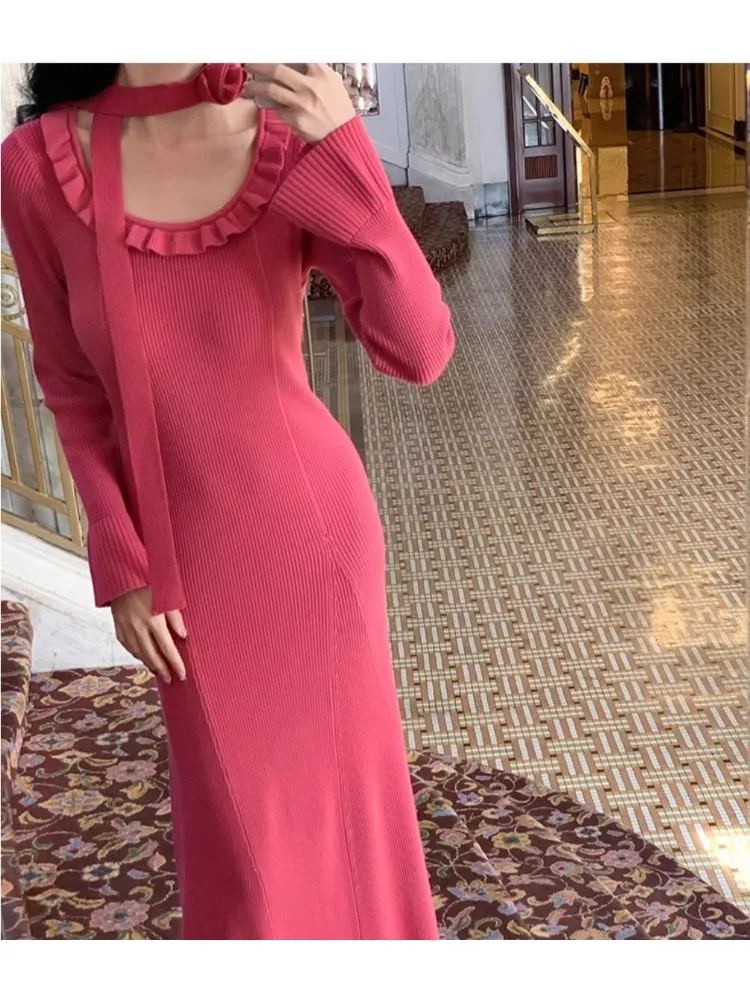 Abito lavorato a maglia solido con scollo all'americana a fiori con volant Donna Autunno Inverno Temperamento Slim Fit Vita Abiti a maniche lunghe Abito da festa