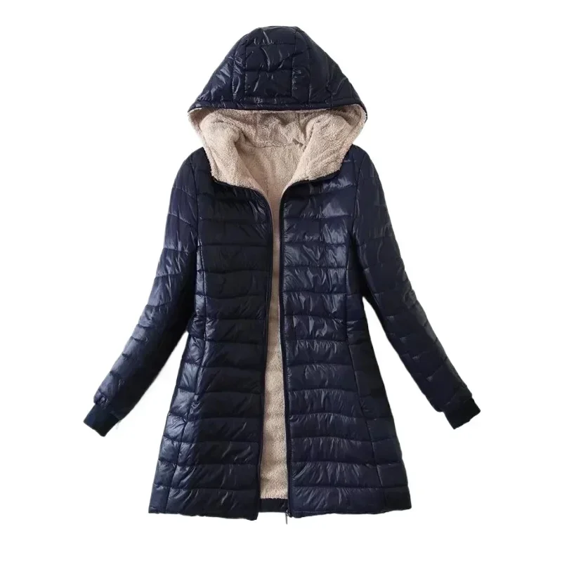 Women\'s Fashion, Casual, Simple and Elegant Lamb Wool Medium Long Warm Hooded Cotton Jacket Women\'s Top Plus Size Cotton Jacket