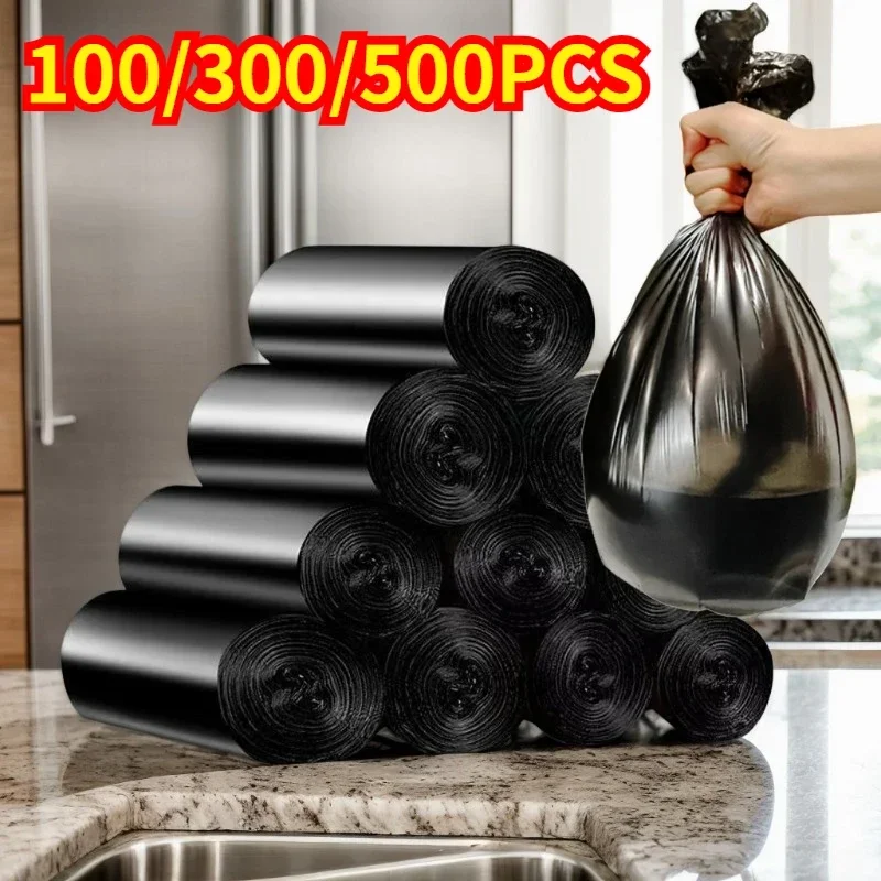 

100/300/500PCS Black Disposable Garbage Bag Roll Up Plastic Garbage Bag for Household Kitchen Bathroom Travel