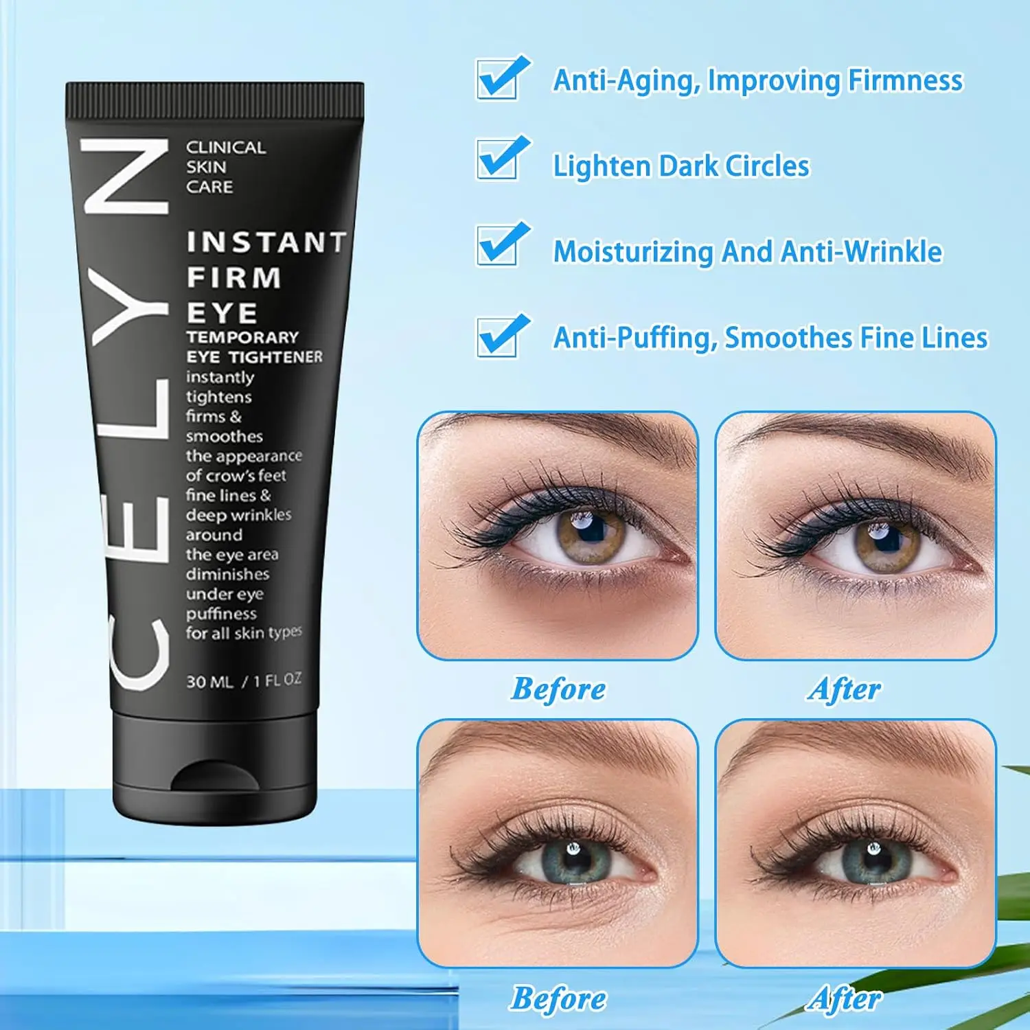 Instant Firm Eye Cream 30ml Under Eye Tightening Treatment for Fine Lines, Dark Circles & Puffiness, Smoothing Lifting Skin Care