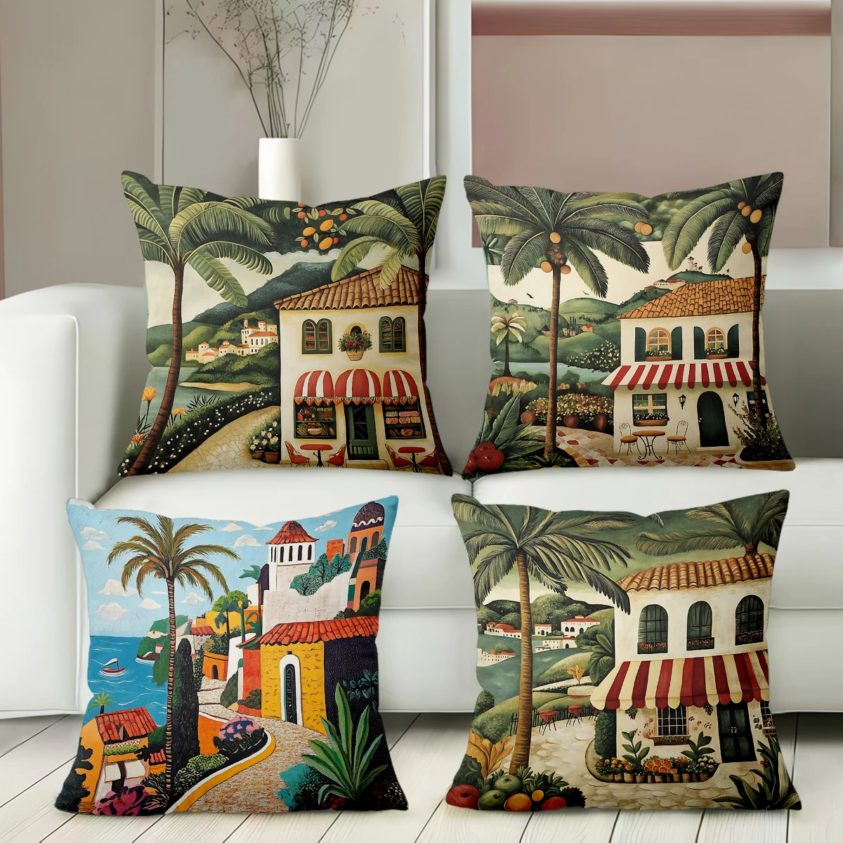 # Mediterranean Coastal Town Print Pillow Covers Polyester sofa decorative cushion cov Headboard Pillow (Without Pillow Core）