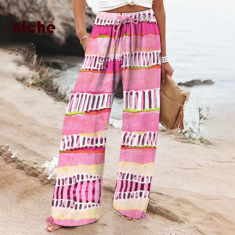 

Women's Casual Beach Pants, Pink, Contrasting Color, Printing, High Quality, Fashion Trend, Designer, Wide-Leg Pants