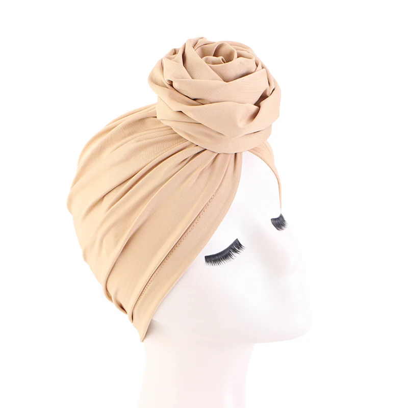Woman Muslim Headscarf Cap Rose Knotted Head Wrap Headband Elegant Retro African Turban For Ladies Beanies Caps Headpiece
