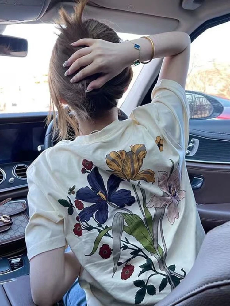 

Summer Outfit Women's Short Sleeve T-shirt Baggy Cotton Printing Y2k Fashion Korea Korean Reviews Clothes Elegant Top Female